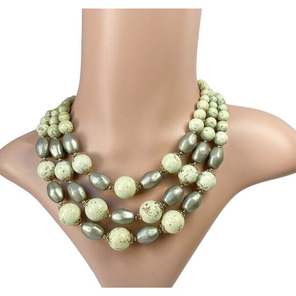 1960s Triple Strand Shades of Green Gold Specks Nugget & Round Beaded Necklace - Picture 1 of 6